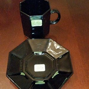 Vintage Arcoroc made in France black glass cup and saucer NWT